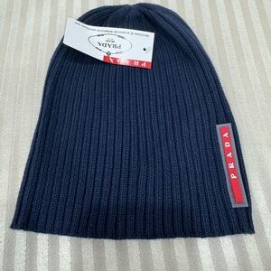 Prada Dark Blue Knit Hat with Red Logo